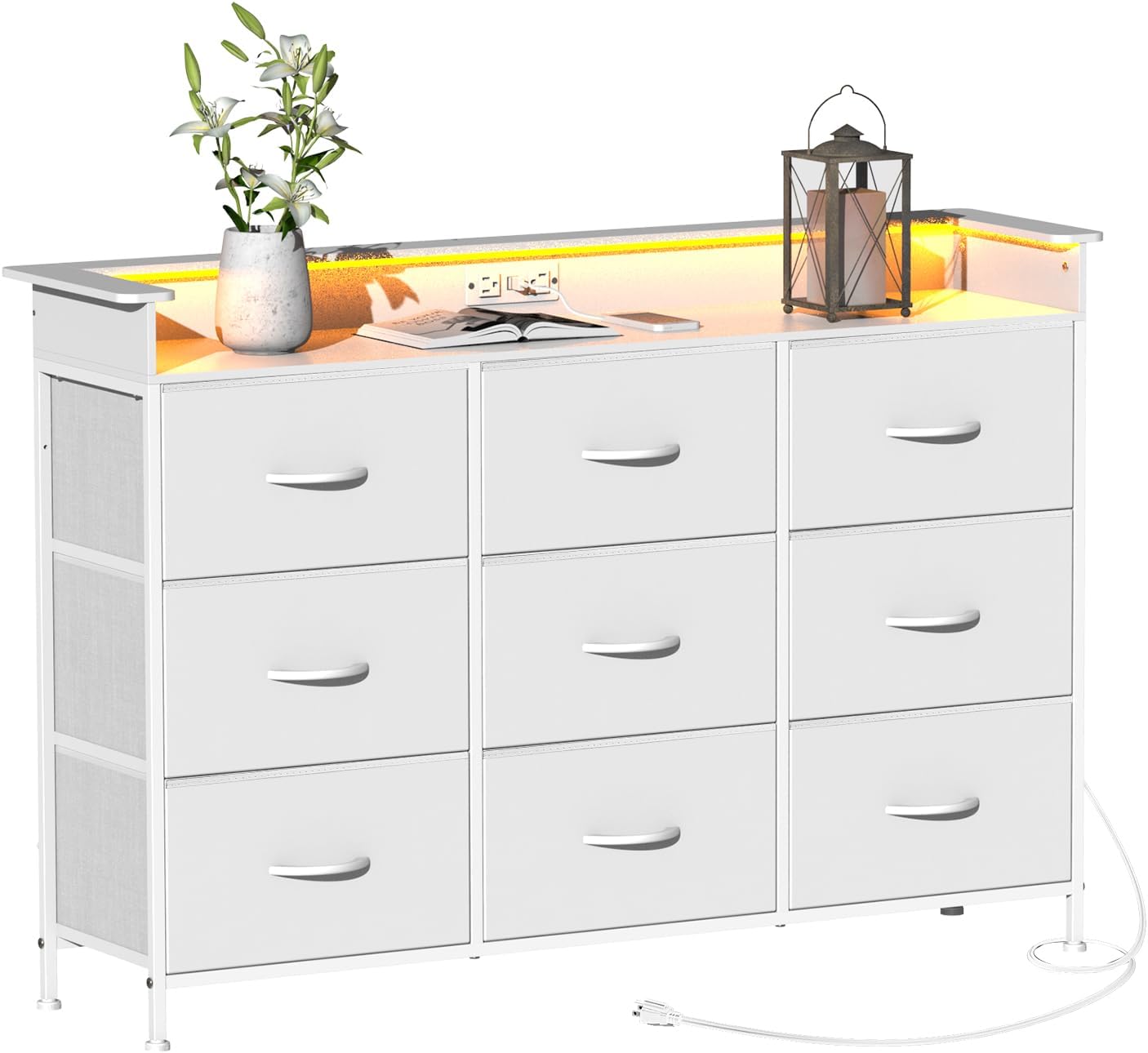 EXOTICA White Dresser with LED Light for Bedroom 9 Drawer Dressers with Charging Station Chests of Drawers for Entryway Closet Living Room Hallway Sturdy Steel Frame Wooden Top Easy Pull Handle