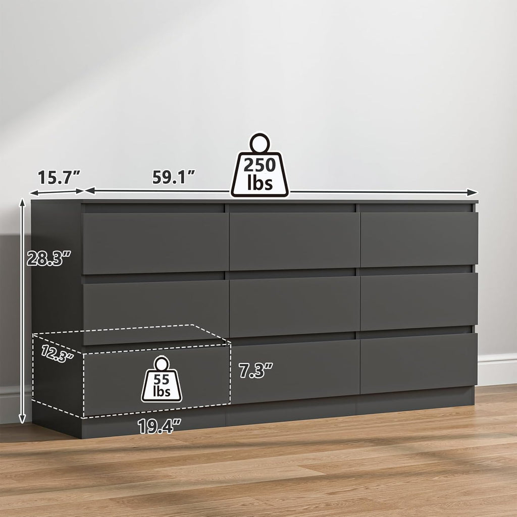 Vibe & Dine 9 Drawer Dresser, 59.1' Long Dresser for Bedroom Free Handle, Modern Wooden Chest of Drawers with Wide Storage for Living Room, Black