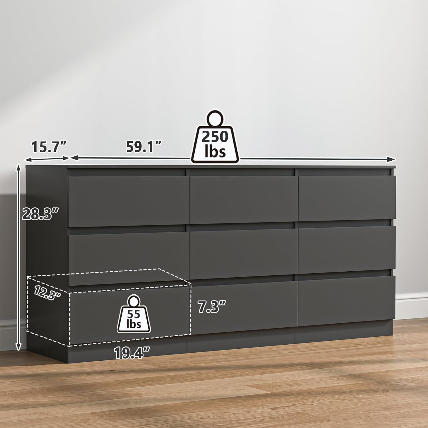 Vibe & Dine 9 Drawer Dresser, 59.1' Long Dresser for Bedroom Free Handle, Modern Wooden Chest of Drawers with Wide Storage for Living Room, Black