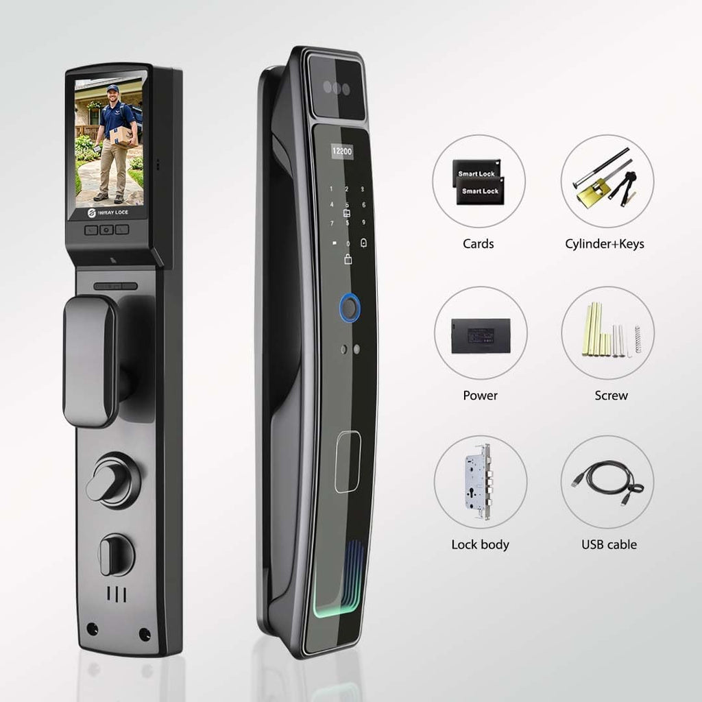 Smart Door Lock with Camera & 3D Face Recognition, Keyless Entry Door Lock with Fingerprint, Password, IC Card, App Control & Doorbell, Secure Mortise Lock for Front Door (Usmart App)