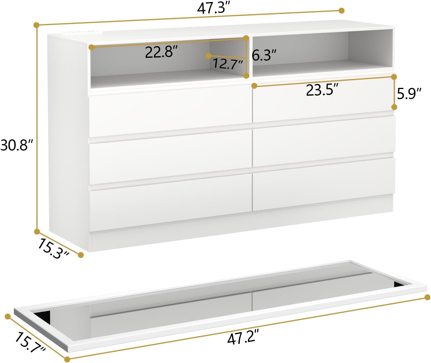 Gyfimoie Dresser for Bedroom with Full Length Mirror 48'x16', White Storage Cabinet with Power Outlet, 6 Drawer Dresser with LED Light, Modern Dressers with Charging Station(White)