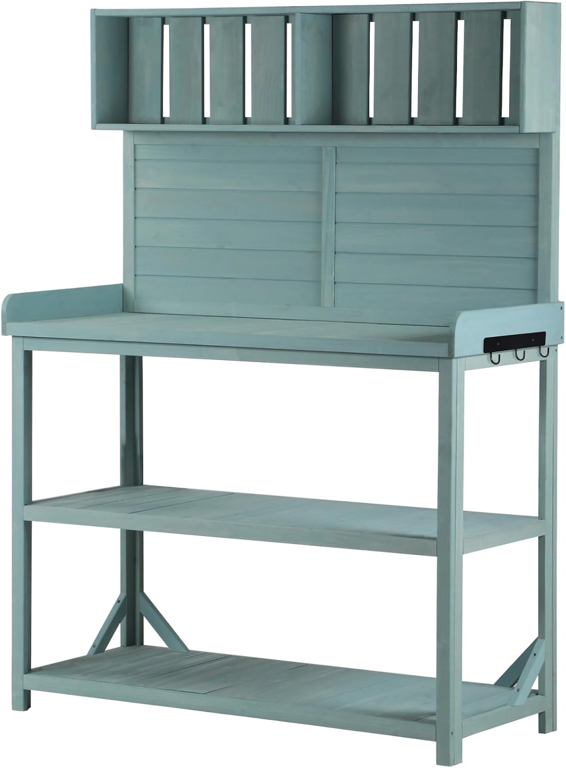65' Large Wooden Farmhouse Rustic Outdoor Potting Bench Table, Patio Workstation, Garden Potting Bench with 4 Storage Shelves and Side Hook,Green