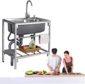 Kitchen Commercial Kitchen Sink, Wash Basin 304 Stainless Steel 1 Compartment Outdoor Workbench with 360° Hot and Cold Swivel Faucet Commercial Sinks for Outdoor Indoor