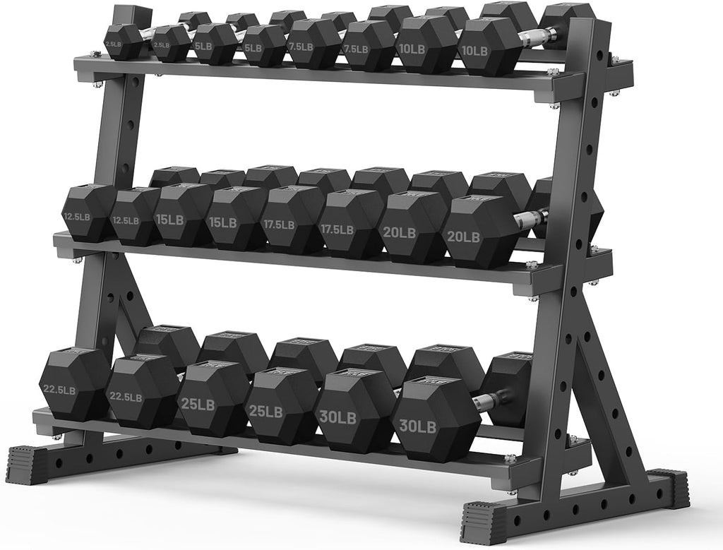 PAPABABE Hex Dumbbell Set with Rack, Rubber Encased Free Weight with Weight Storage Racks, Multiple Weight Options for Home Gym and Fitness