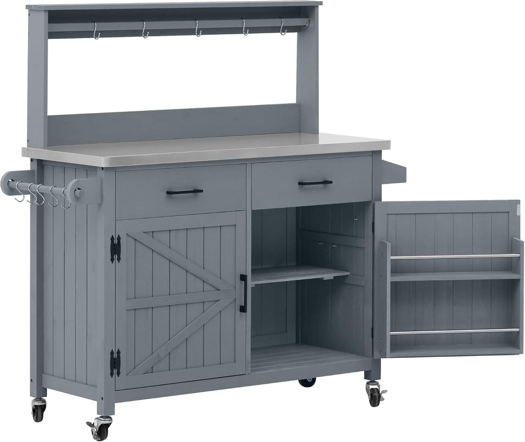 54.1' Outdoor Kitchen Island with Stainless Steel Top and High Shelf, Solid Wood Grill Cart with Lockable Wheels and Cabinet for BBQ, Outdoor Potting Bench Table for Garden, Gray Blue