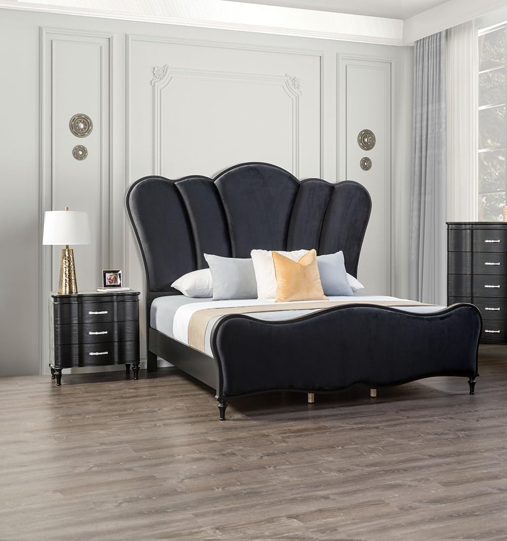 Lovely Bedroom 3pc Set King Size Bed 2X Nightstands Black Fabric Padded HB Wood Legs