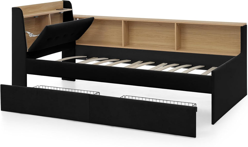 Corner Bed with Desk and Bookcase, LED Lights & USB Ports, Modern Twin Daybed with Storage Underneath Drawers, Soft Velvet Upholstered Day Bed Kids Bedroom Furniture Set Small Places (Black, Twin)