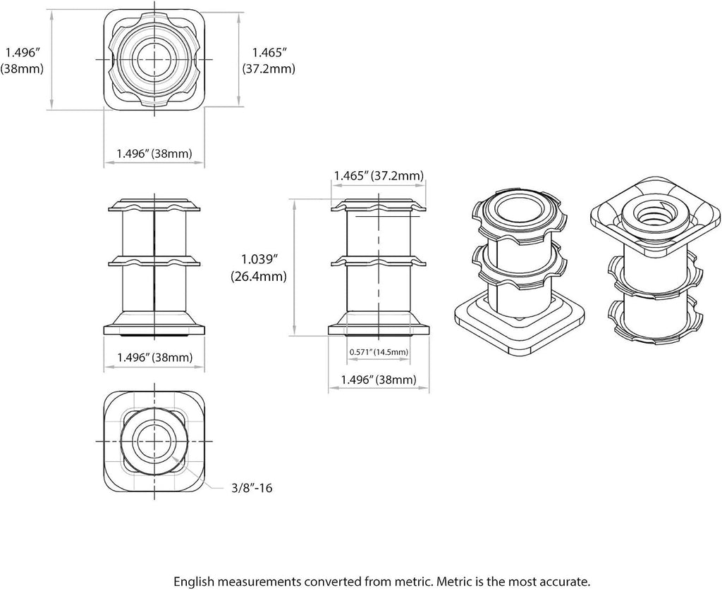 Outwater Industries Double Star Threaded Caster Insert | Heat Treated Steel | Fits 1-1/2 Inch Square 16-18 Gauge Tube | Thread: 3/8-16 | 100 Pack