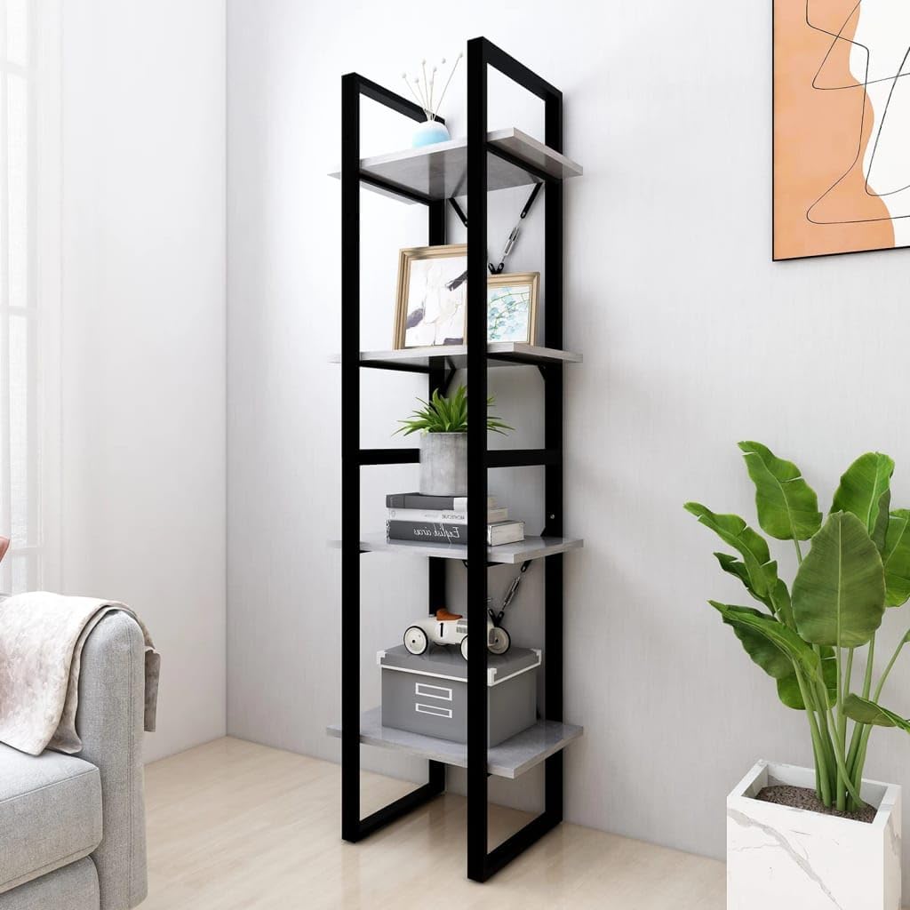 4-Tier Industrial Bookshelf, Modern Book Cabinet with Concrete Gray and Black Finish, Tall Storage Rack for Living Room, Home Office, Bedroom, 55.1 Inch Height