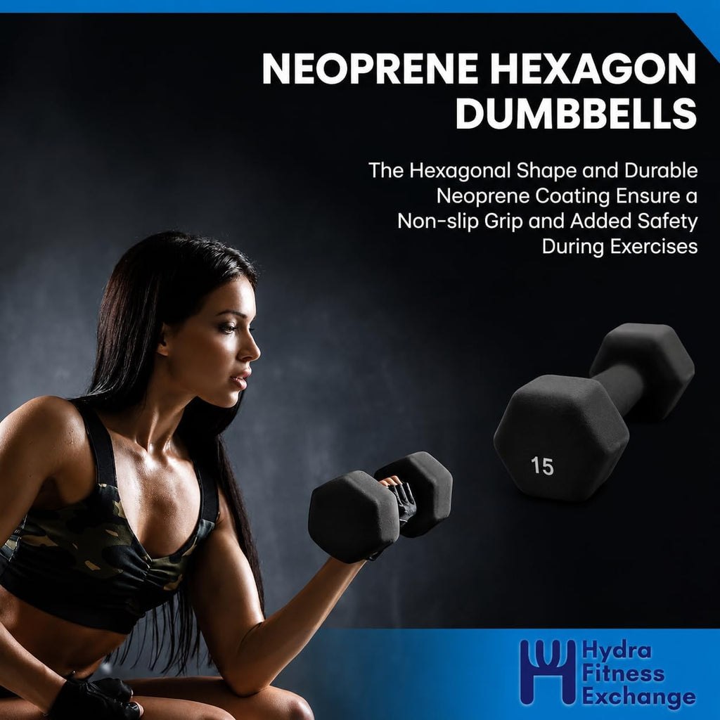 Neoprene Hexagon Dumbbells with Cast Ergo Handle (1 to 15lbs Pack of 1, 2, 4) | Durable Anti-Slip Exercise & Fitness Strength Training Free Weights for Home Gym | Black | For Men & Women