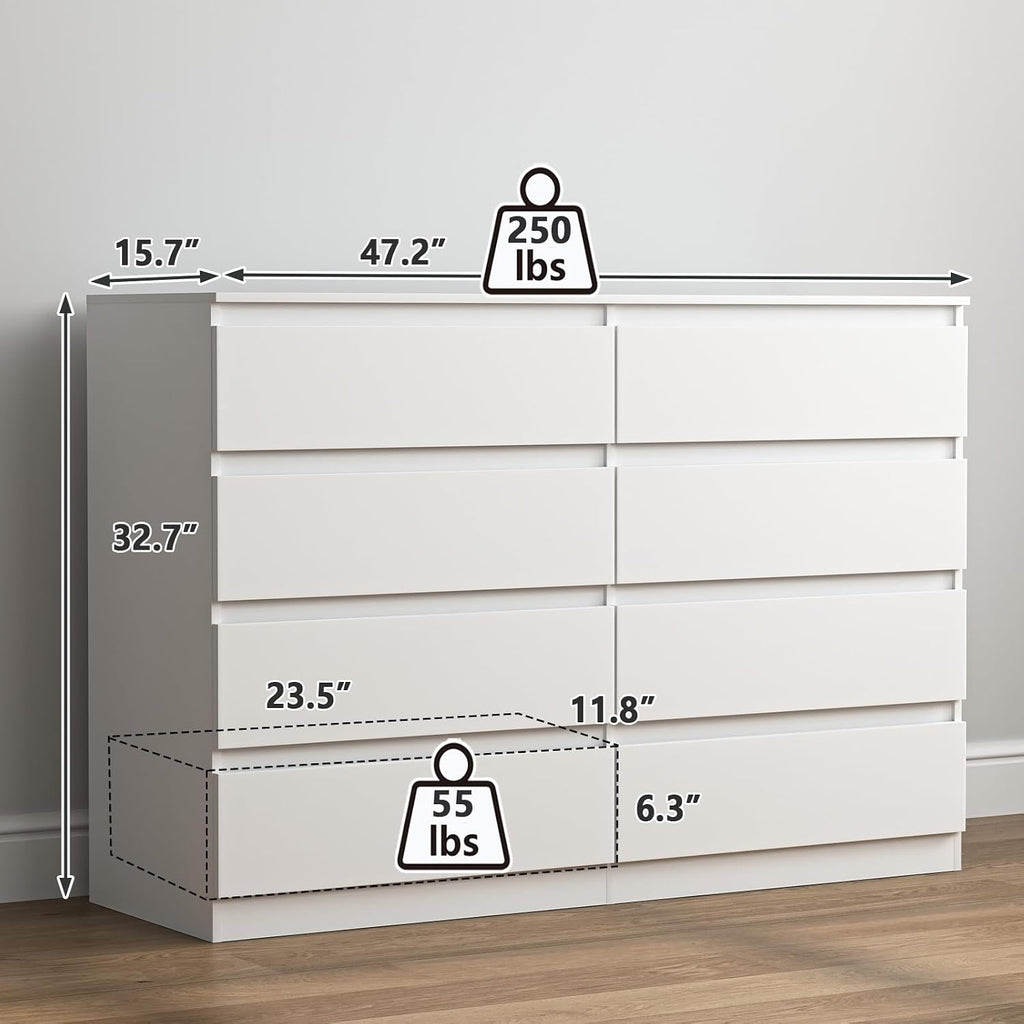 Vibe & Dine 8 Drawer Double Dresser, Modern Chest of Drawers with Wide Storage for Closet, Bedroom, Living Room, White