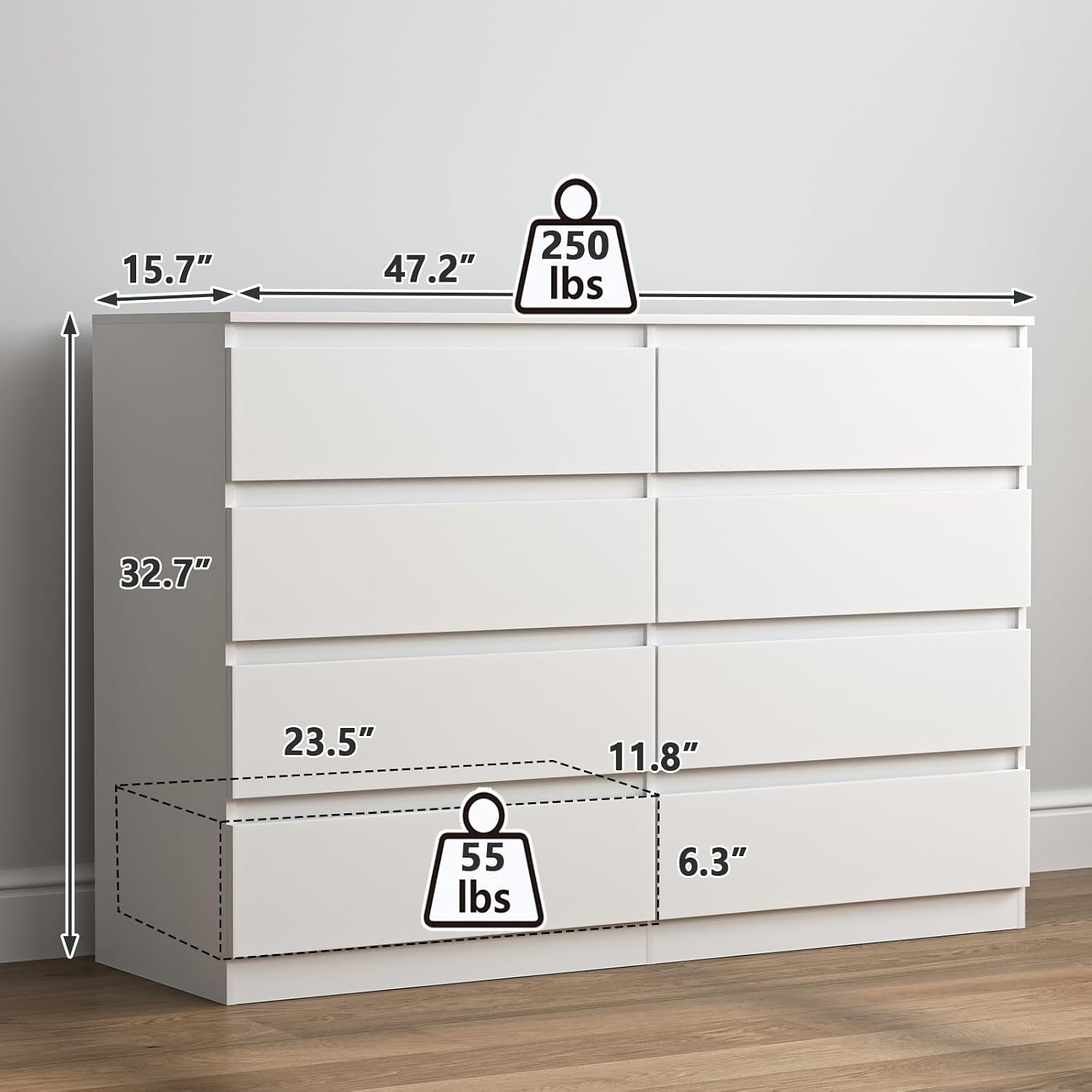 Vibe & Dine 8 Drawer Double Dresser, Modern Chest of Drawers with Wide Storage for Closet, Bedroom, Living Room, White