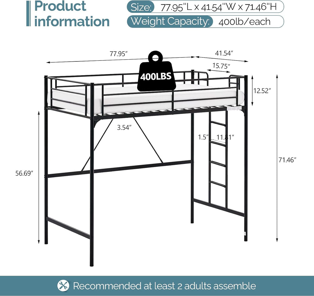 VINGLI 71 Inches Tall Loft Bed Twin Size with Flat Ladder Rung for Kids Teens Adults Heavy Duty Metal Single Bunk Bed Loft with Safety Guard Rails for Small Space, Black