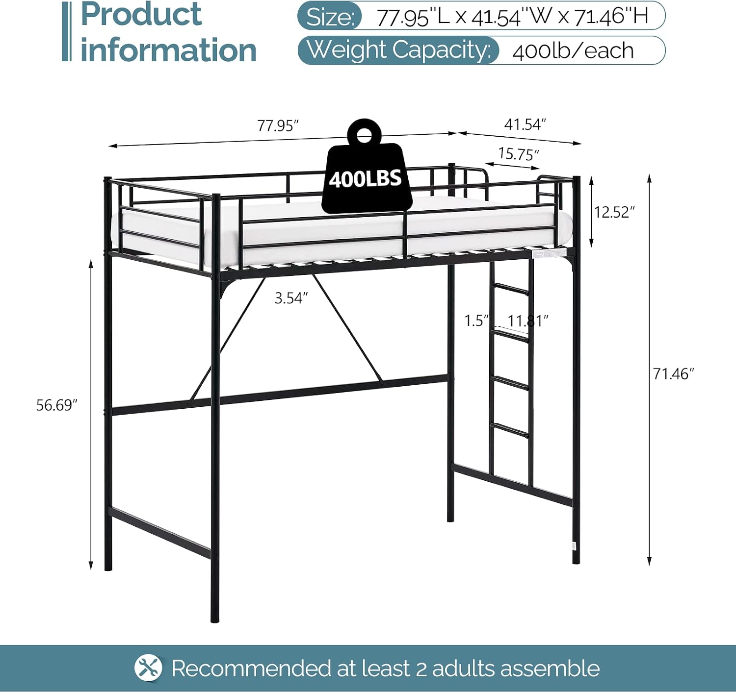 VINGLI 71 Inches Tall Loft Bed Twin Size with Flat Ladder Rung for Kids Teens Adults Heavy Duty Metal Single Bunk Bed Loft with Safety Guard Rails for Small Space, Black