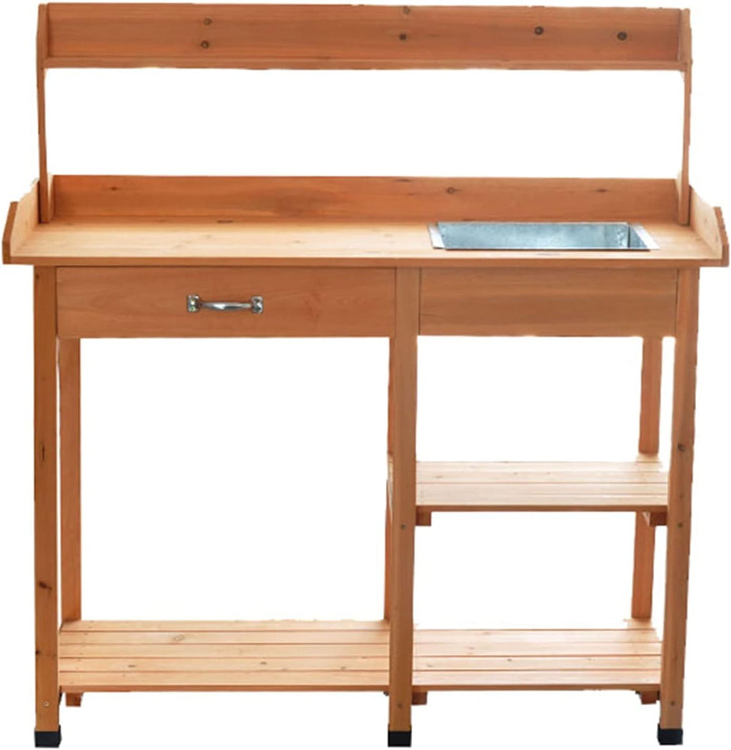 46 Inch Fir Wood Potting Bench Tables Wooden Outdoor Garden Workstation with Stainless Sink & Drawer Shelf Hook for Patio, Garden