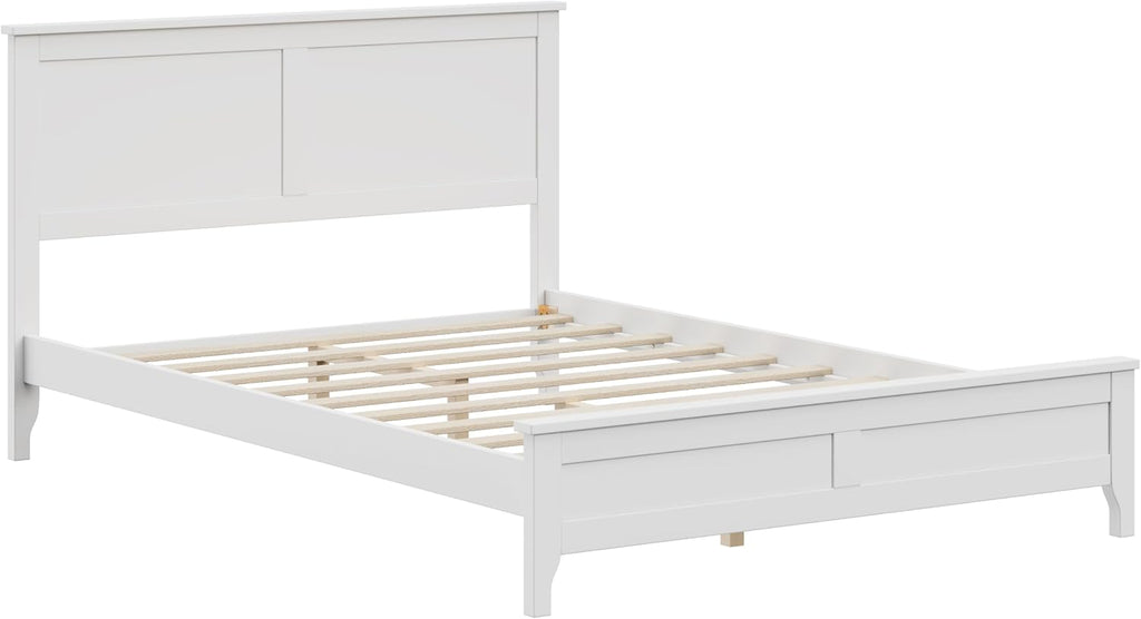 Full Size Wood Bed Frame and Headboard, Modern Retro White Platform Beds Frames, Sturdy and Durable Design Mid Century Rustic Wooden Bedroom Set, No Box Spring Needed (White, Full)