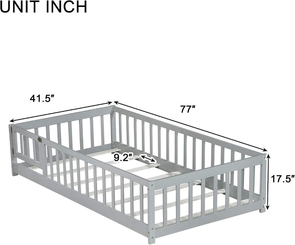 Bellemave Twin Size Floor Bed with Door and Fence for Kids, Montessori Floor Bed with Slats and Safety Guardrails,Solid Wood Twin Bed Frame for Girls Boys(Twin,Gray)