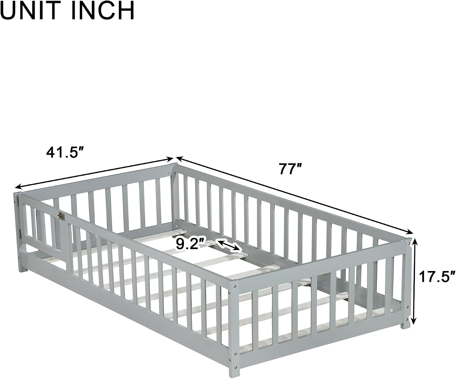 Bellemave Twin Size Floor Bed with Door and Fence for Kids, Montessori Floor Bed with Slats and Safety Guardrails,Solid Wood Twin Bed Frame for Girls Boys(Twin,Gray)