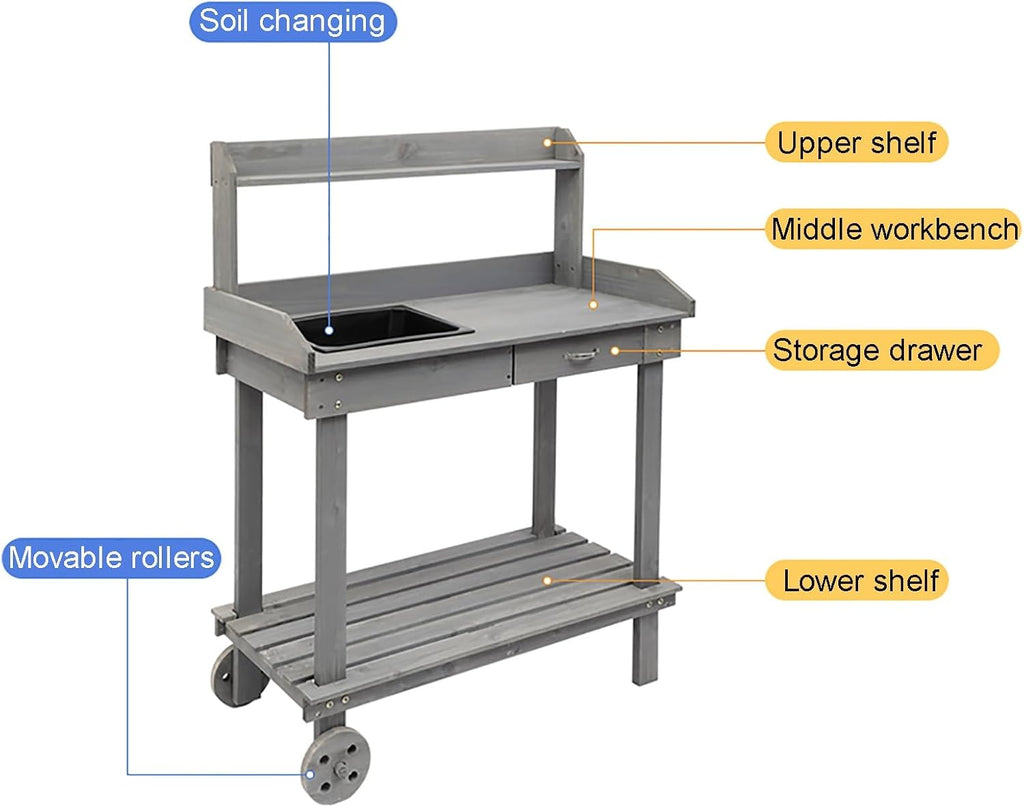 Wooden Potting Bench Work Table, Wooden Gardening Plant Workstation Natural Solid Wood Garden Potting Station with 2 Wheels and Drawer Sink Hook Open Shelf for Outside Patio Lawn Garden