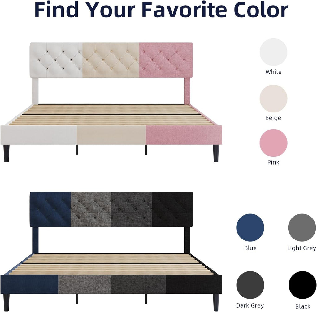 BarnFurin King Size Platform Bed Frame, Fabric Upholstered Bed with Button Tufted Headboard, Adjustable Headboard Design, Easy Assembly, No Box Spring Required, White