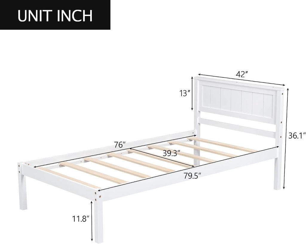 Twin Size Wood Bed Frame and Headboard, Modern Retro White Platform Beds Frames, Sturdy and Durable Design Mid Century Rustic Wooden Bedroom Set, No Box Spring Needed (White, Twin)