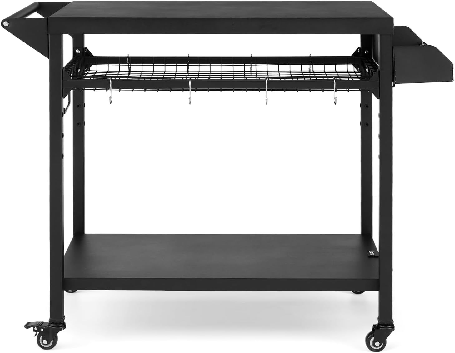 Heavy Duty Outdoor Grill Cart with Wheels - 3-Tier Rolling BBQ Prep Table & Pizza Oven Stand - Storage Shelves, Mesh Rack, Lockable Casters - Black Metal Utility Cart for Patio, Camping