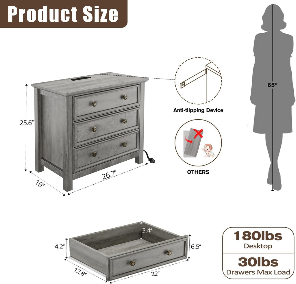 LGHM Large Nightstand with Charger Station, 27' W Night Stand with 3 Large Drawers, Accent Small Dresser Bed Side Table, Stable Thick Wood Legs, Timeless Look,Gray