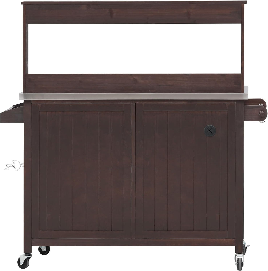 54.1' Outdoor Kitchen Island with High Shelf – Large Potting Bench Table Featuring Stainless Steel Top, Solid Wood Grill Cart, Lockable Wheels & Smart Storage for BBQ, Garden(Brown)