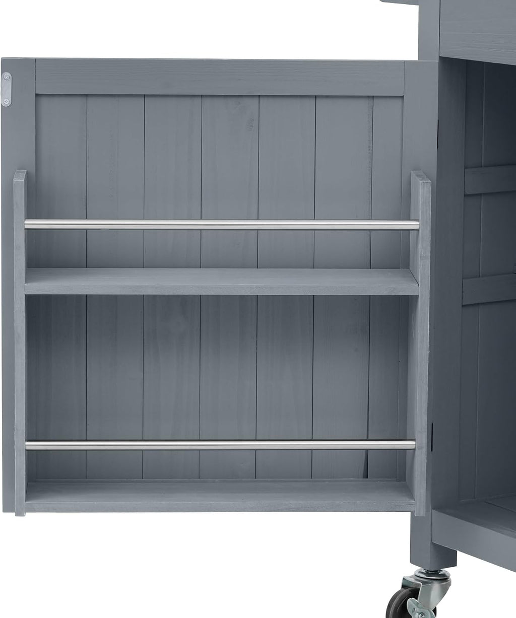 Polibi Outdoor Kitchen Island 54.1' with Stainless Steel Top, Solid Wood Grill Cart, High Shelf & Lockable Wheels, Large Potting Bench Table with Storage Cabinet & Drawers for BBQ Garden, Grey Blue