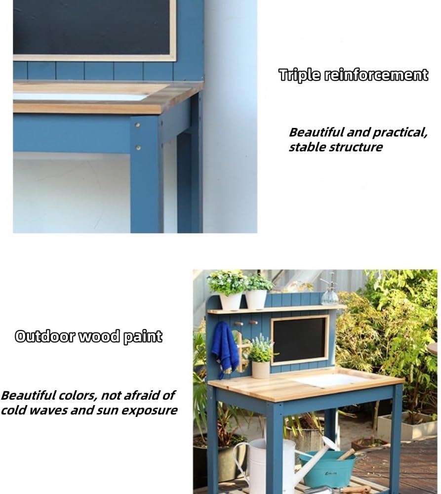 Outdoor Solid Wood Potting Bench, 2 Tier Potting Table with Sink and Hooks, Outdoor Potting Bench for Garden, Yard, Balcony, Garden Table with Tool Storage(Blue)