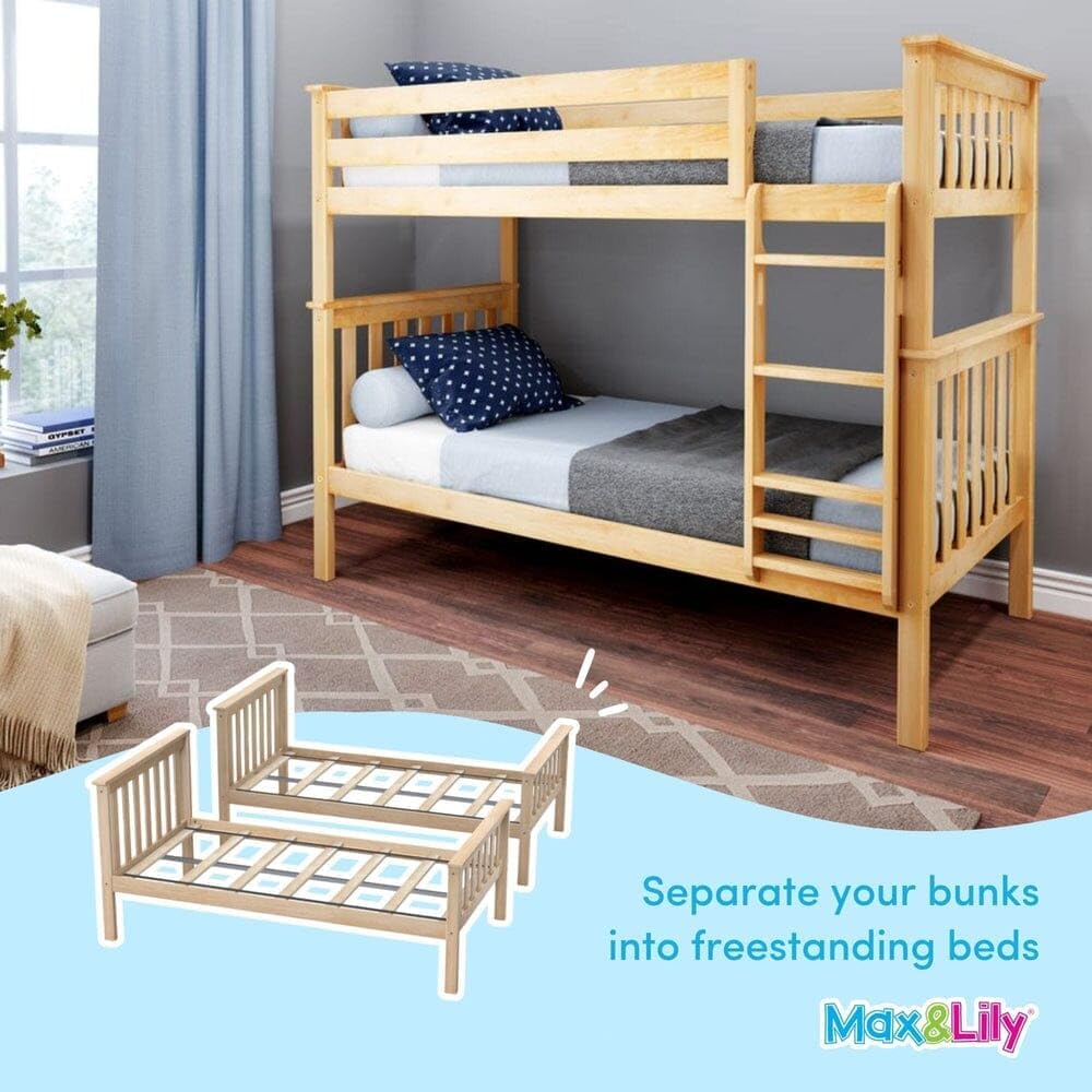 Max & Lily Bunk Bed Twin over Twin, Solid Wood Bunk Bed Frame with Ladder for Kids, 14' Safety Guardrails, Easy Assembly, No Box Spring Needed, Natural