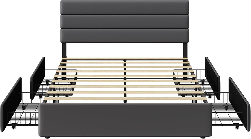 WLIVE Queen Size Upholstered Bed Frame with 4 Storage Drawers and Headboard, Velvet Platform Bedframe, Sturdy Metal & Wooden Slats Support, No Box Spring Needed, Easy Assembly, Dark Grey