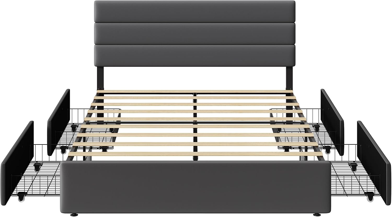 WLIVE Queen Size Upholstered Bed Frame with 4 Storage Drawers and Headboard, Velvet Platform Bedframe, Sturdy Metal & Wooden Slats Support, No Box Spring Needed, Easy Assembly, Dark Grey