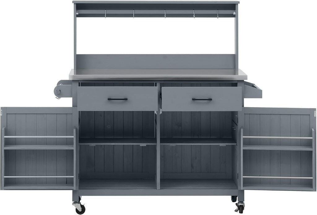 54.1' Outdoor Kitchen Island with High Shelf – Large Potting Bench Table Featuring Stainless Steel Top, Solid Wood Grill Cart, Lockable Wheels & Smart Storage for BBQ, Garden(Grey Blue)