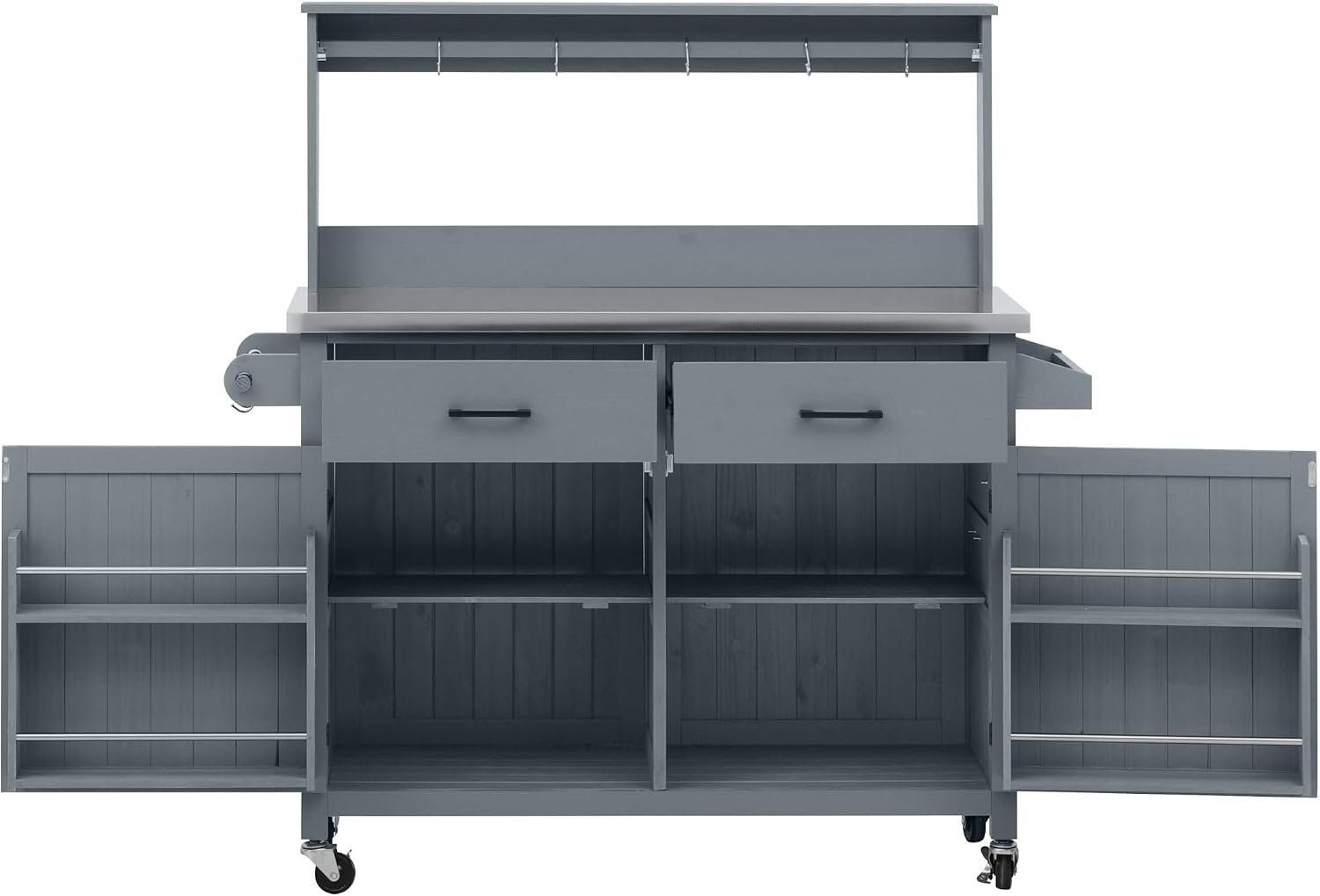 54.1' Outdoor Kitchen Island with High Shelf – Large Potting Bench Table Featuring Stainless Steel Top, Solid Wood Grill Cart, Lockable Wheels & Smart Storage for BBQ, Garden(Grey Blue)