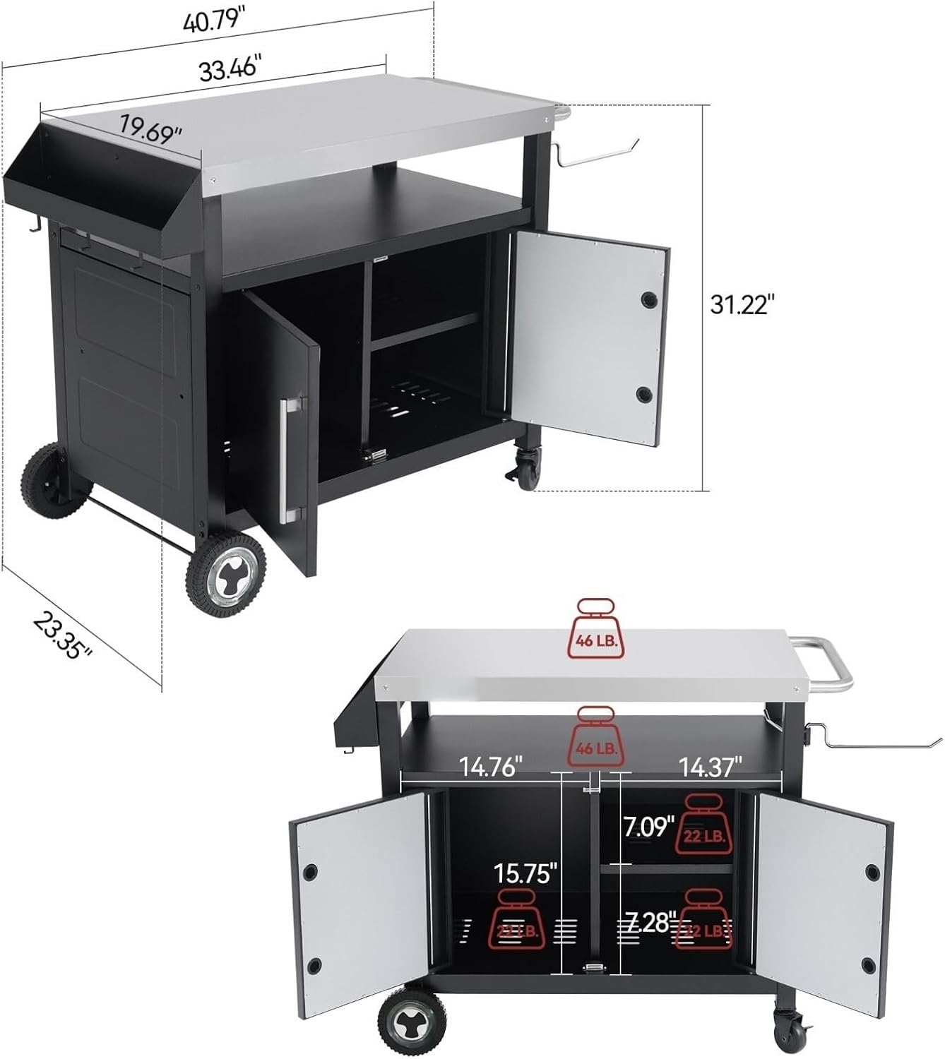 Suitable for Outdoor Grill Cart with Wheels, Movable Kitchen Island with Storage Cabinet for BBQ, Stainless Steel Dining Cart Table for Food Prep, Black