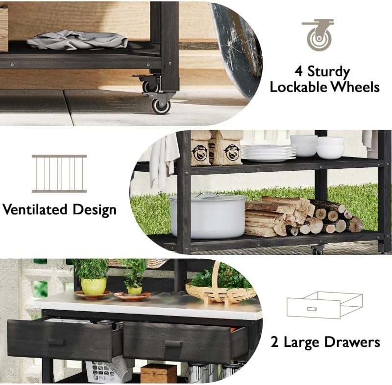 K&K 64.9' H Outdoor Potting Bench Table with Lockable Wheels, Solid Wood Outdoor Kitchen Island with Upper Hutch, Stainless Steel Top, Towel Rack,Outdoor Storage for Grilling, Lawn Garden -Black