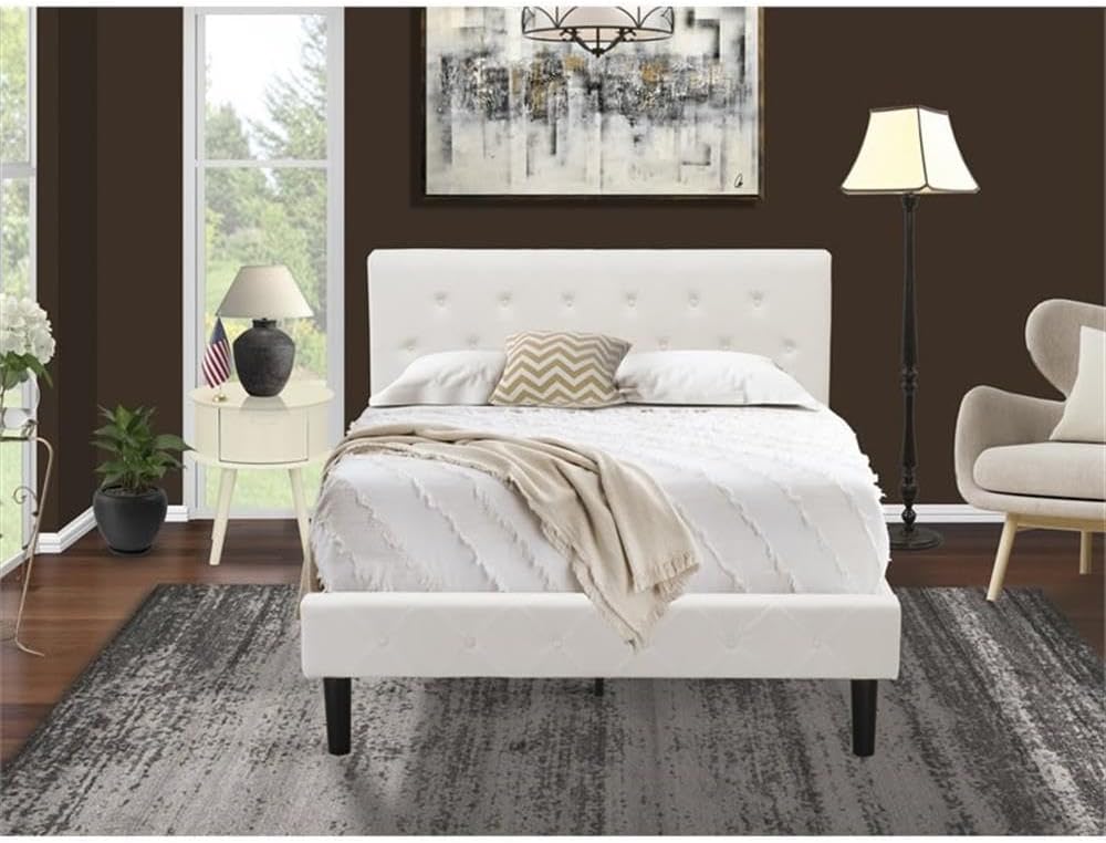 East West Furniture NL19F-1GO05 2 Piece Bedroom Set - Full Size Button Tufted Bed Frame - Linen white Velvet Fabric Upholstered Headboard and a Linen white Finish Nightstand
