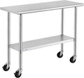 ROCKPOINT Stainless Steel Table for Prep & Work with Caster Wheels 18x48 Inches, NSF Metal Commercial Kitchen Heavy Duty Table with Adjustable Under Shelf and Table Foot for Restaurant, Home and Hotel