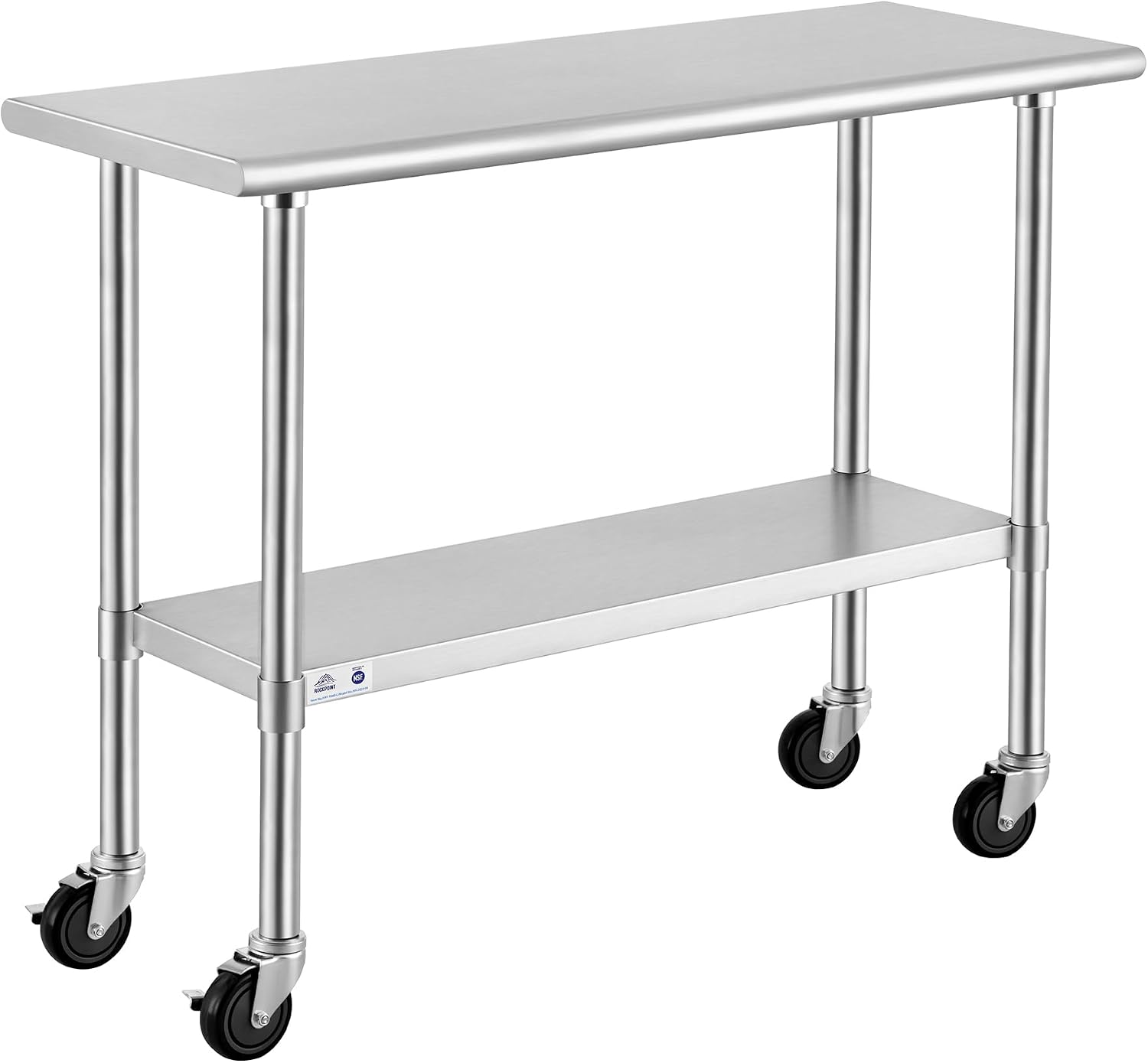 ROCKPOINT Stainless Steel Table for Prep & Work with Caster Wheels 18x48 Inches, NSF Metal Commercial Kitchen Heavy Duty Table with Adjustable Under Shelf and Table Foot for Restaurant, Home and Hotel