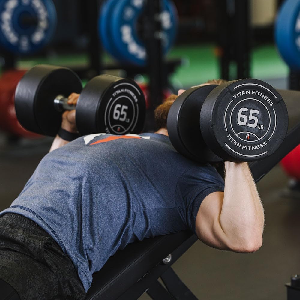 Titan Fitness Round Urethane Dumbbells, Medium Volcano Knurling, 33mm Grip, Easy-to-Read Weight Indicators, Free Weights for Strength Training