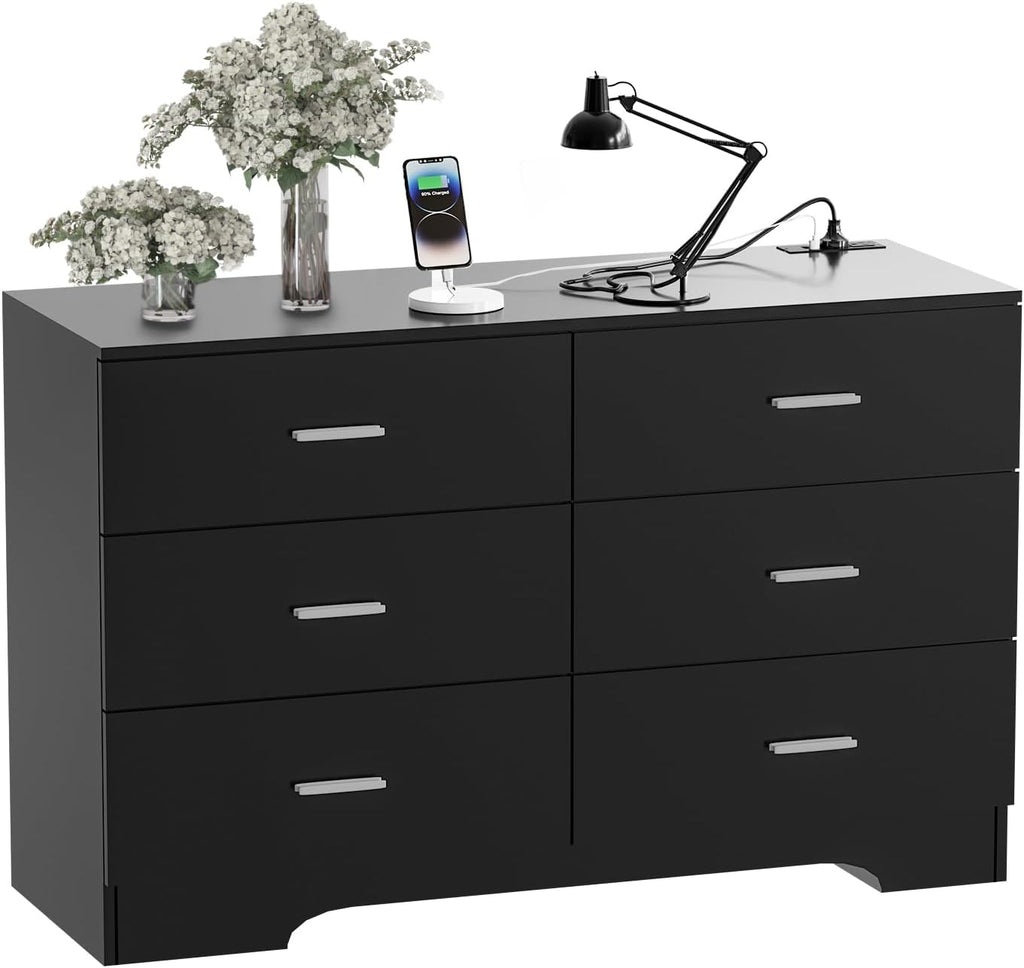FJTJBSI Dresser with Power Outlets Wooden 6 Drawer Dresser with USB and Type C Port Chest of Drawers for Bedroom Tall Black Organizer Storage for Living Room Hallway Closet