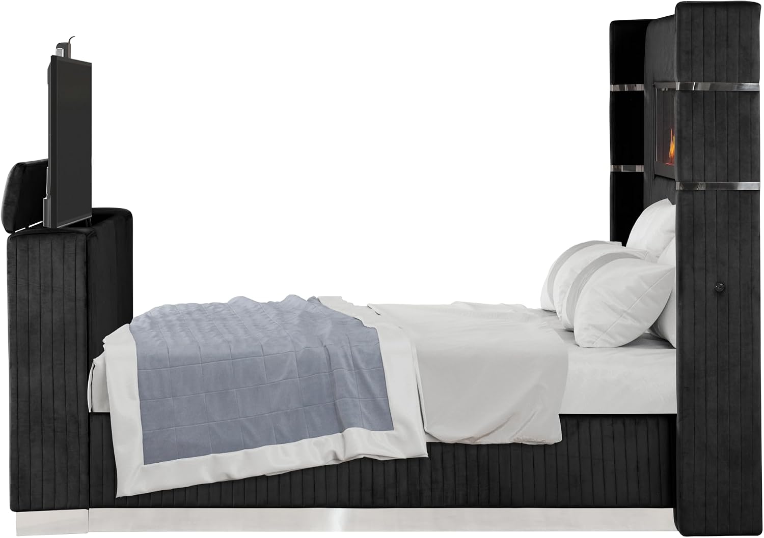 4 Pc King Bedroom Set Made with Fireplace in Headboard TV Stand in Footboard with Wood in Black