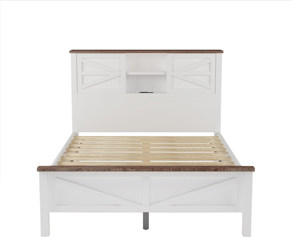Farmhouse 3-Pieces Bedroom Sets Full Size Farmhouse Platform Bed with Double Sliding Door Storage Headboard and Charging Station,Solid Wood Platform Bed with Storage Nightstand and Dresser,White+Brown