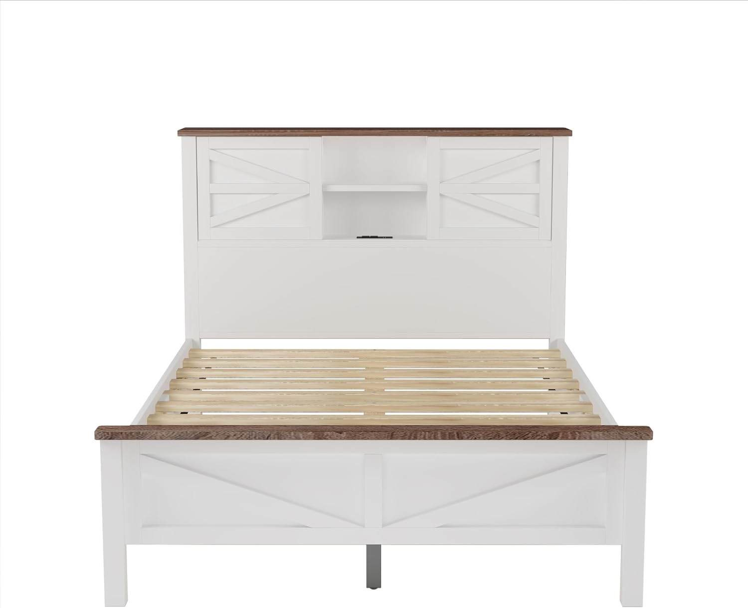 Farmhouse 3-Pieces Bedroom Sets Full Size Farmhouse Platform Bed with Double Sliding Door Storage Headboard and Charging Station,Solid Wood Platform Bed with Storage Nightstand and Dresser,White+Brown