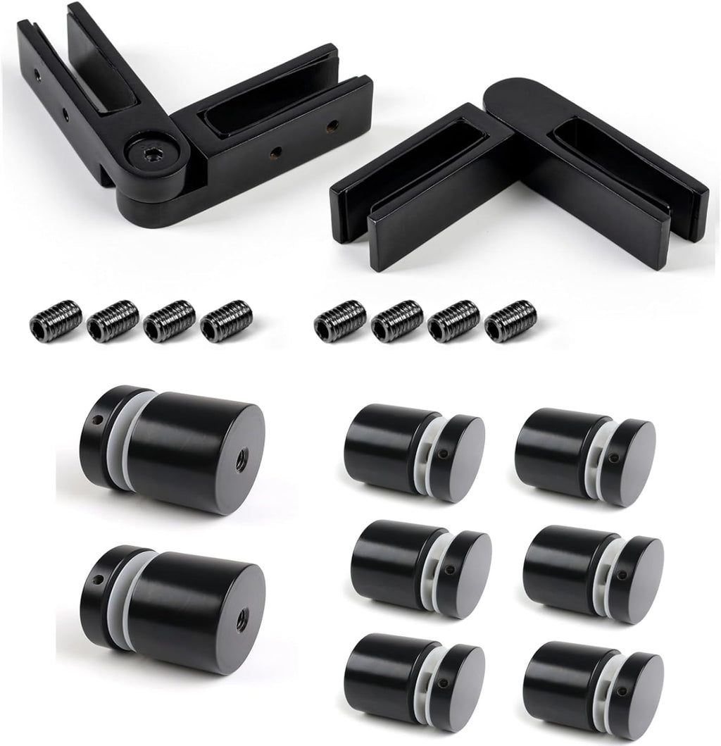 Muzata 8Pack Black Glass Standoff 2' Glass Bracket GA07 with 2Pack Black Adjustable Glass to Glass Clamp Angle (90°-180°) GA08
