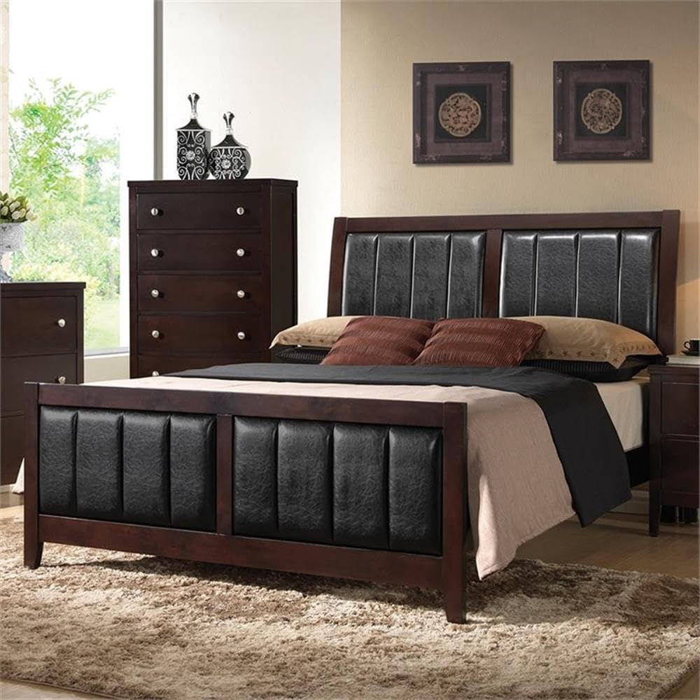 Coaster 202091Q-CO Carlton Queen Size Panel Bed with Black Padded Leatherette Tapered Legs Solid Wood and Veneers Construction, in Cappuccino