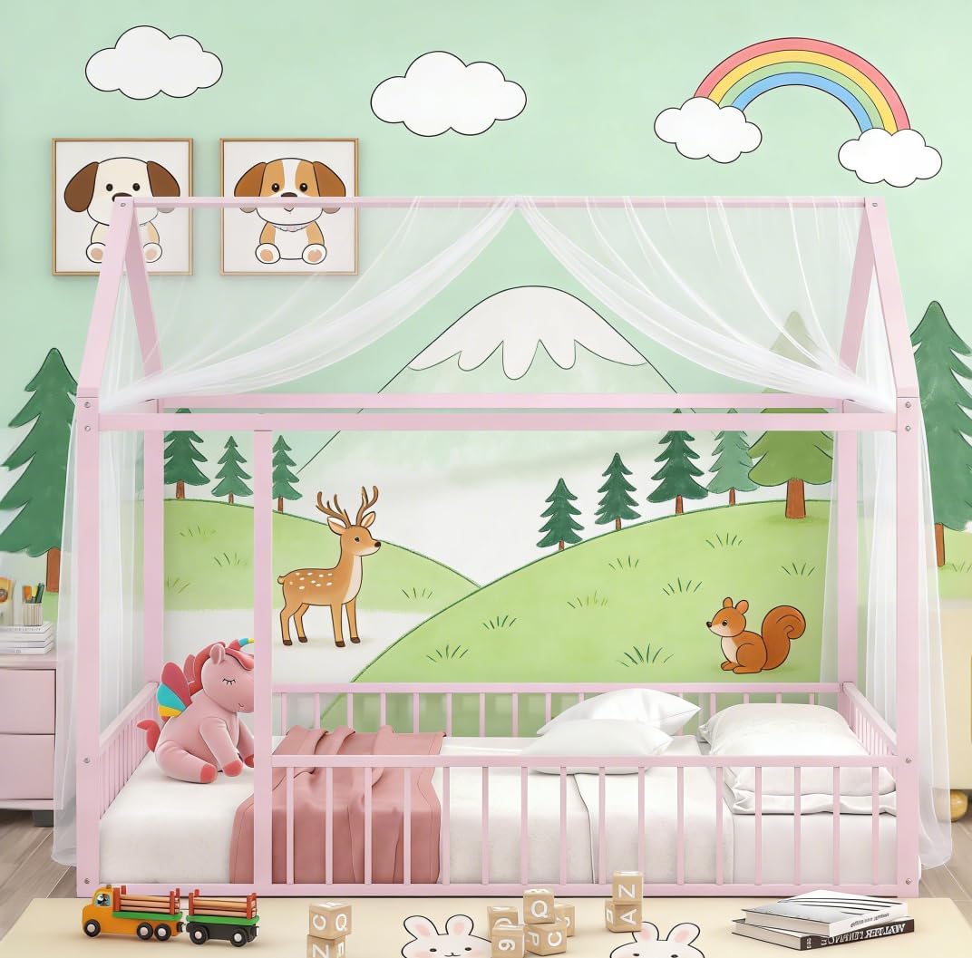Bellemave Full Size House Floor Montessori Bedframe with Rails and roof, Metal House Bed for Kids, Montessori Floor Beds for Kids White