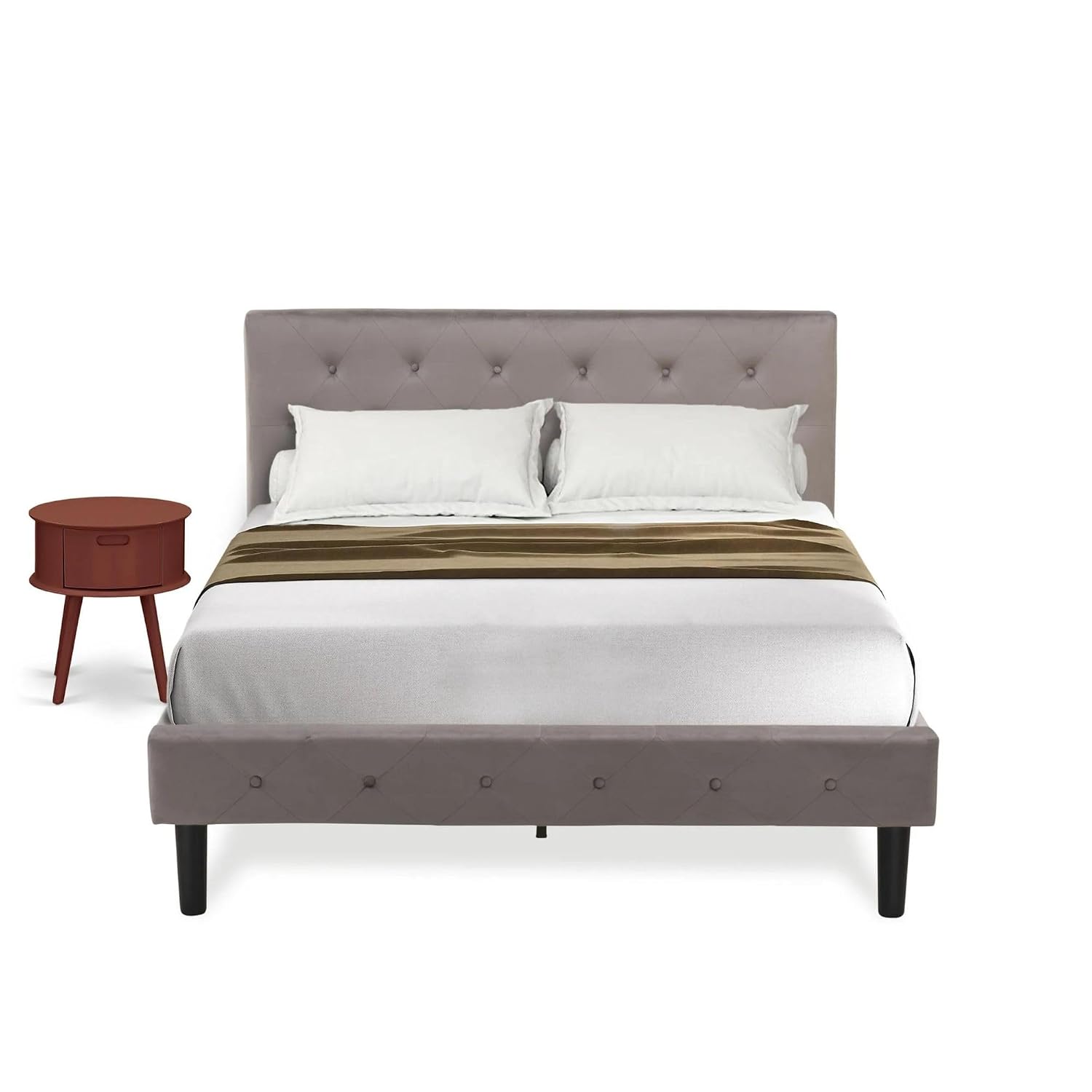 East West Furniture NL14F-1GO11 2 Piece Bedroom Set - Button Tufted Platform Bed Frame - Brown Taupe Velvet Fabric Upholstered Headboard and a Black Finish Nightstand
