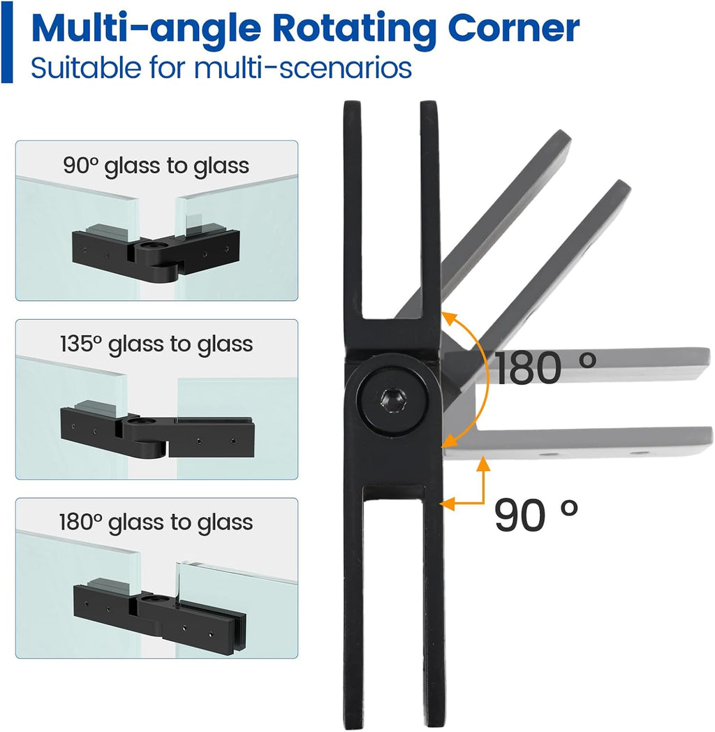 Muzata 8Pack Black Glass Standoff 2' Glass Bracket GA07 with 2Pack Black Adjustable Glass to Glass Clamp Angle (90°-180°) GA08